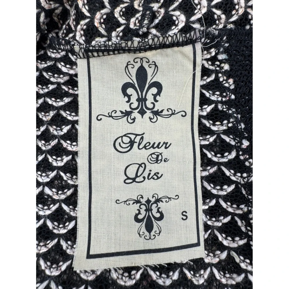 Fleur De Lis Cardigan Black Knit Yarn Patchwork Boho Floral Open Front Size S